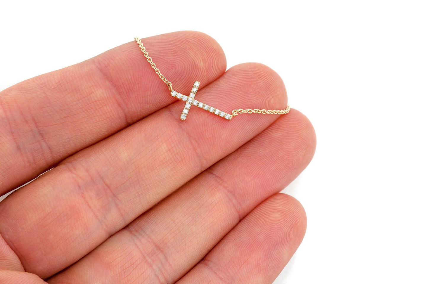 SIDEWAYS CROSS DIAMOND NECKLACE CONNECTED 14K SOLID GOLD 0.10CTW