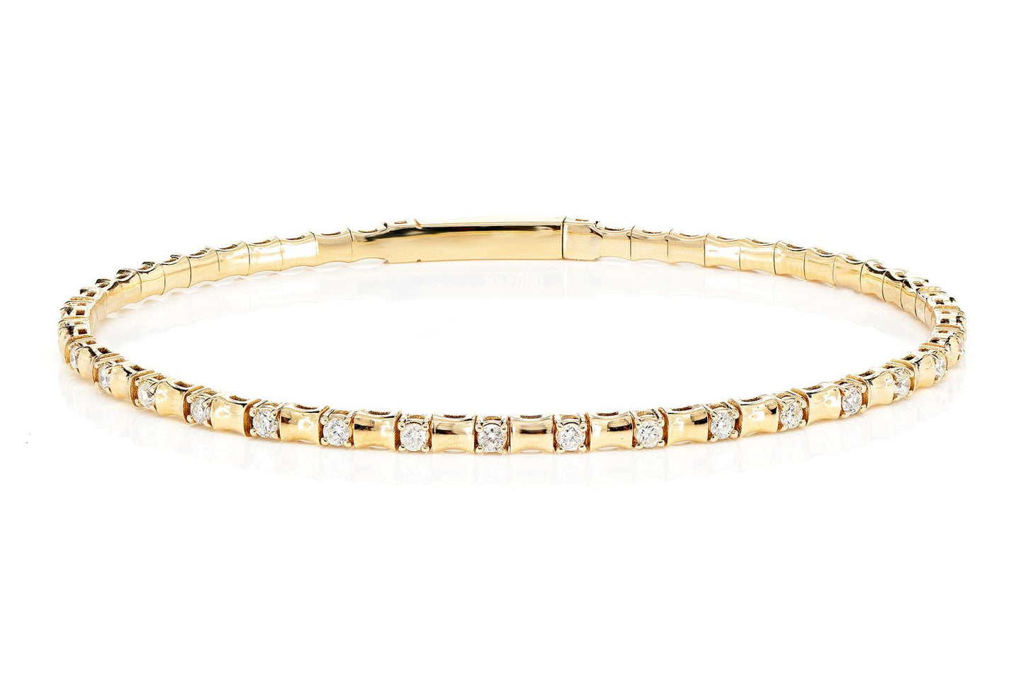 CURVED BEAD AND ROUND DIAMOND FLEX BANGLE BRACELET 14K SOLID GOLD 0.40CTW
