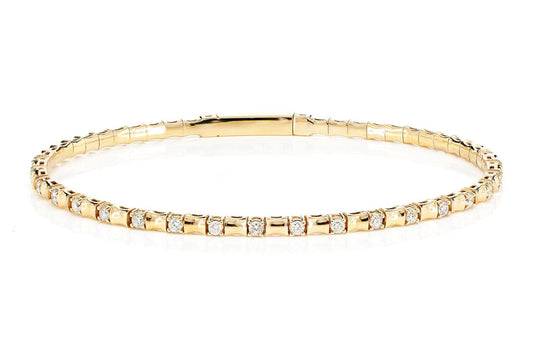 CURVED BEAD AND ROUND DIAMOND FLEX BANGLE BRACELET 14K SOLID GOLD 0.40CTW