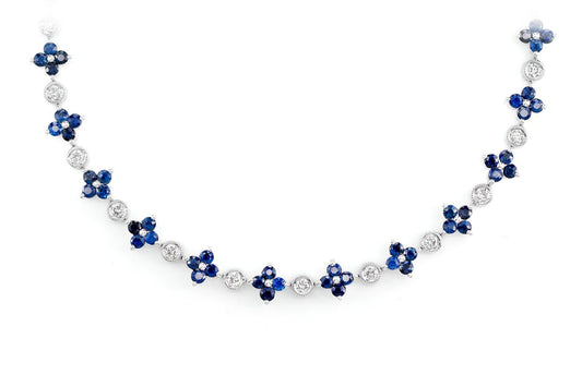 SAPPHIRE FLOWER AND DIAMOND BEZEL NECKLACE 14K SOLID GOLD 1.65CTW
