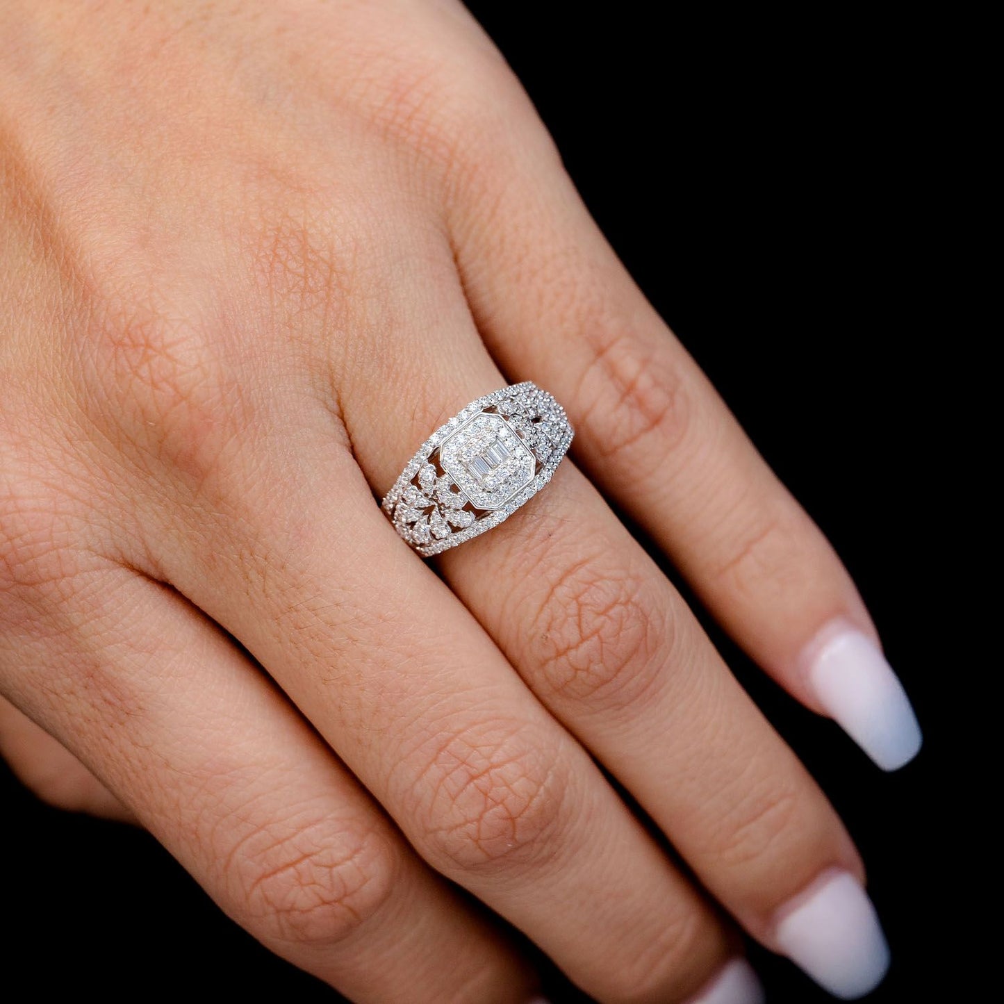 0.50CTW ANTIQUE STYLE BAGUETTE CLUSTER HALO - DIAMOND ENGAGEMENT RING