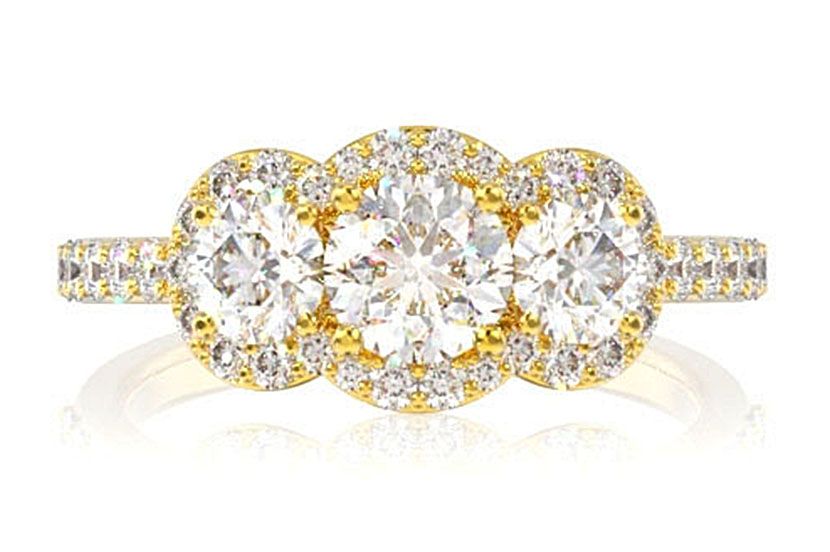 3 STONE HALO DIAMOND ENGAGEMENT RING 1.50CTW- 14K SOLID GOLD