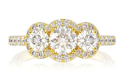 3 STONE HALO DIAMOND ENGAGEMENT RING 1.50CTW- 14K SOLID GOLD