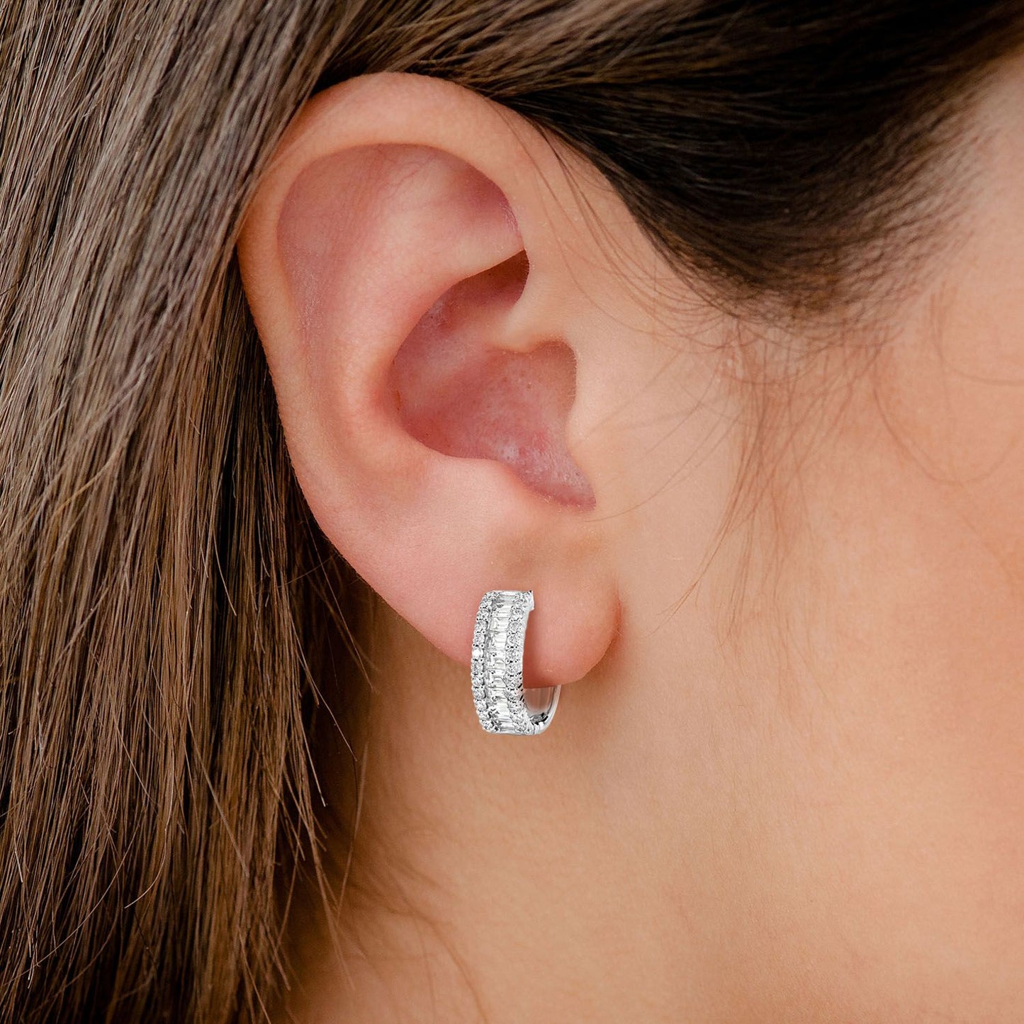 ROUND BORDER AND BAGUETTE DIAMOND HOOP EARRINGS 14K GOLD 2.00CTW
