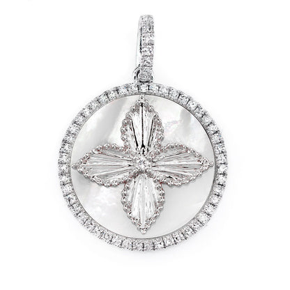 MOTHER OF PEARL AND DIAMOND FOUR PETAL FLOWER DISC PENDANT 14K SOLID GOLD 0.30CTW
