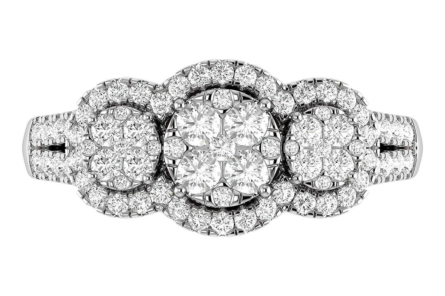 3 STONE CLUSTER SPLIT SHANK DIAMOND ENGAGEMENT RING 0.85CTW - 14K SOLID GOLD