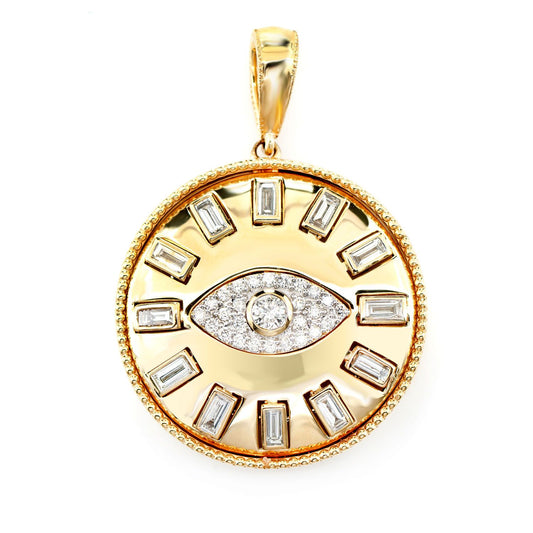 EVIN EYE BAGUETTE DIAMOND MEDALLION PENDANT 14K SOLID GOLD 0.80CTW