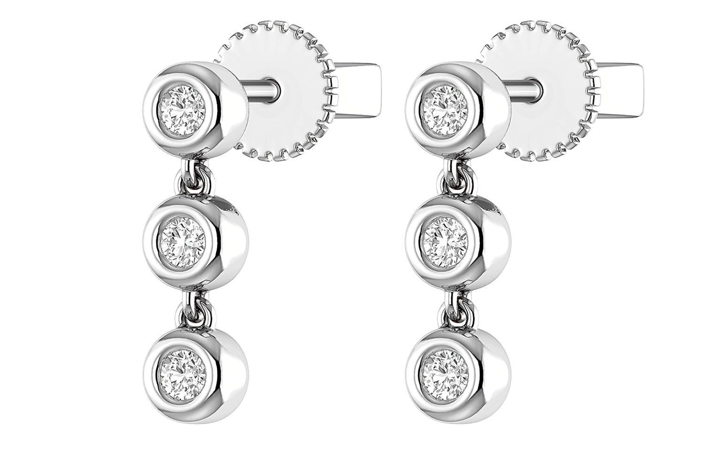 TRIPLE BEZEL DIAMOND DANGLE EARRINGS 14K SOLID GOLD 0.15CTW