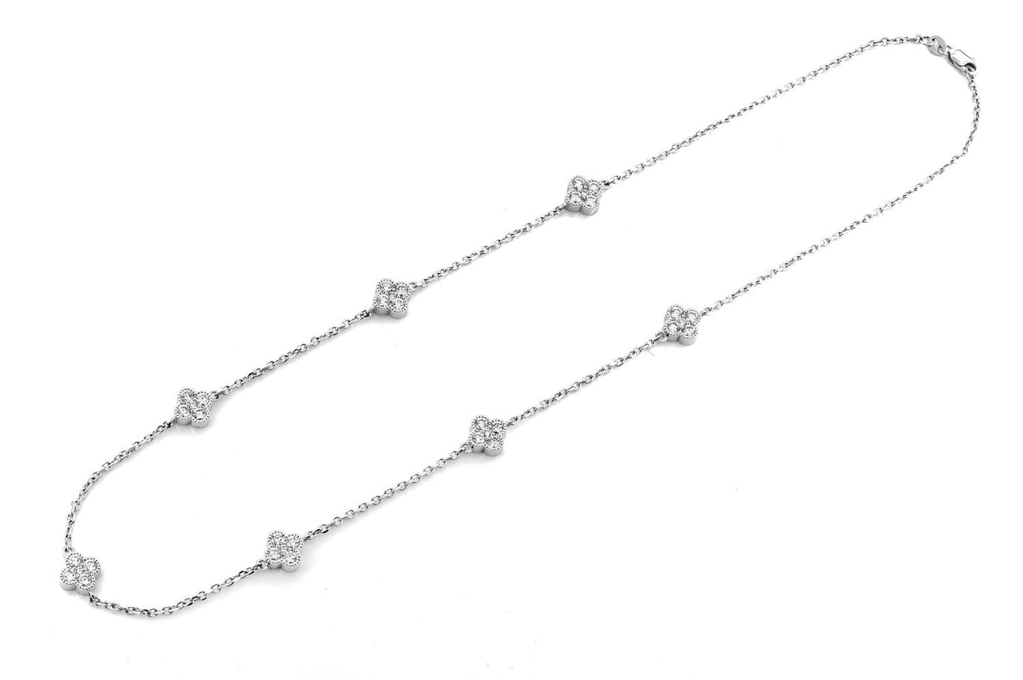 DIAMOND MILGRAIN CLOVER STATION NECKLACE 14K SOLID GOLD 2.35CTW
