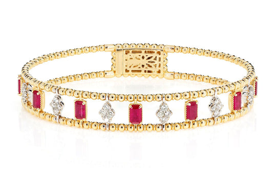 RUBY AND DIAMOND CLUSTER STONE BEADED BANGLE BRACELET 14K SOLID GOLD 2.70CTW