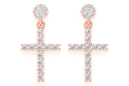 CROSS DANGLING STUD DIAMOND EARRINGS 14K SOLID GOLD 1.25CTW