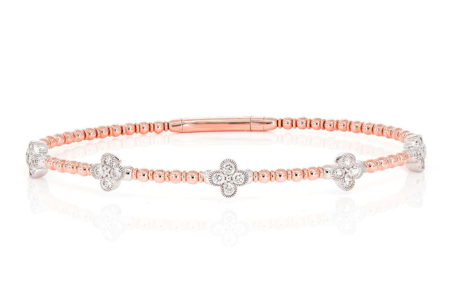 BEADED AND DIAMOND CLOVER MILGRAIN FLEX BANGLE BRACELET 0.60CTW 14K SOLID GOLD