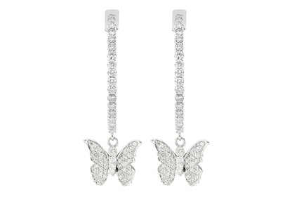BUTTERFLY DANGLING DIAMOND HOOP EARRINGS 14K SOLID GOLD 1.75CTW