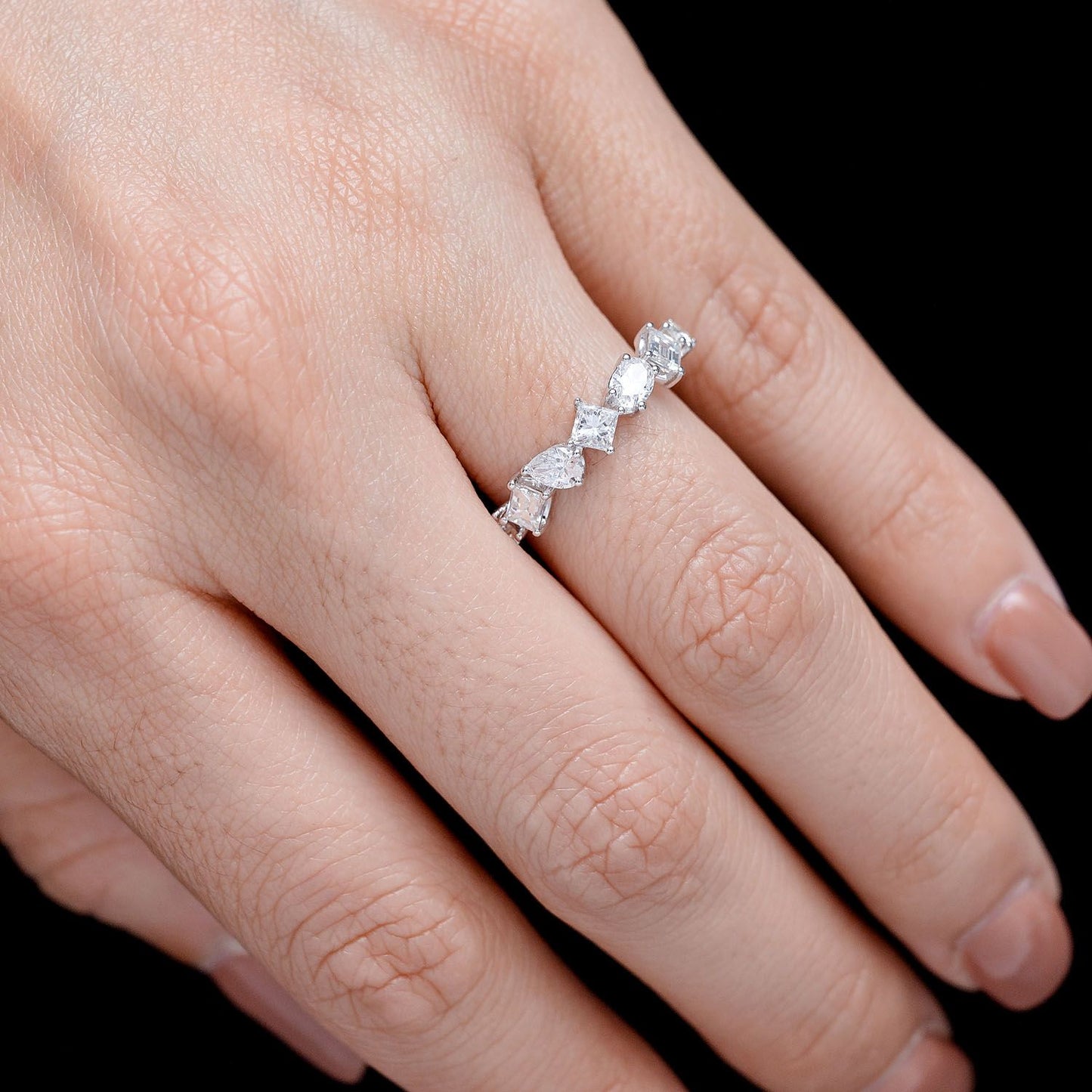 SEVEN STONE MULTI SHAPE DIAMOND BAND RING 14K SOLID GOLD 0.90CTW