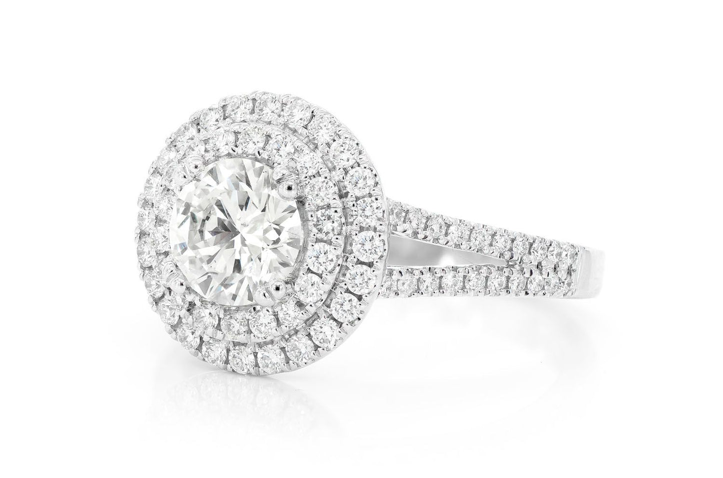 1.00CT ROUND SOLITAIRE - SPLIT SHANK DOUBLE HALO - DIAMOND ENGAGEMENT RING