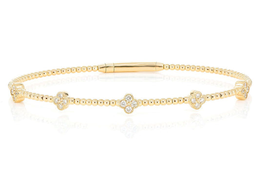 BEADED AND DIAMOND CLOVER MILGRAIN FLEX BANGLE BRACELET 0.33CTW 14K SOLID GOLD