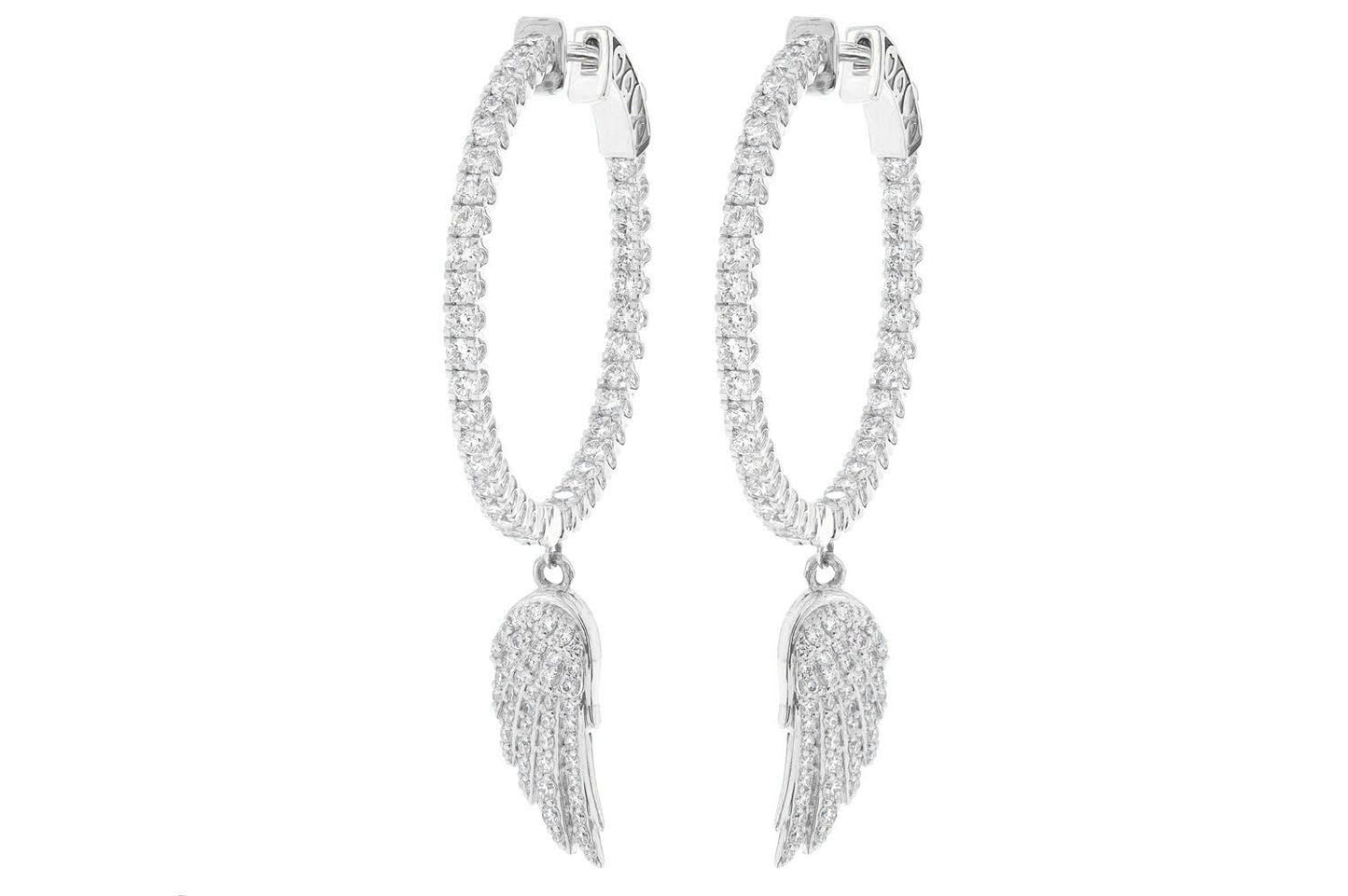 FEATHER WING DANGLING HOOP DIAMOND EARRINGS 14K SOLID GOLD 3.33CTW