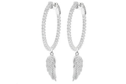 FEATHER WING DANGLING HOOP DIAMOND EARRINGS 14K SOLID GOLD 3.33CTW