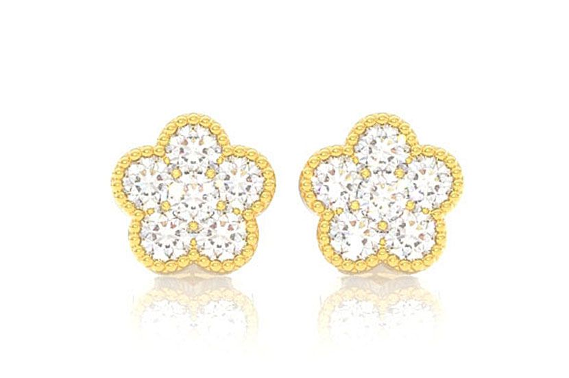 CERCEI ȘTIF CU TRIFOI ȘI DIAMANTE MILGRAIN, AUR MASIV DE 14K, 0.50CT