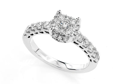 0.85CTW SQUARE CLUSTER HALO 14K SOLID GOLD - DIAMOND ENGAGEMENT RING