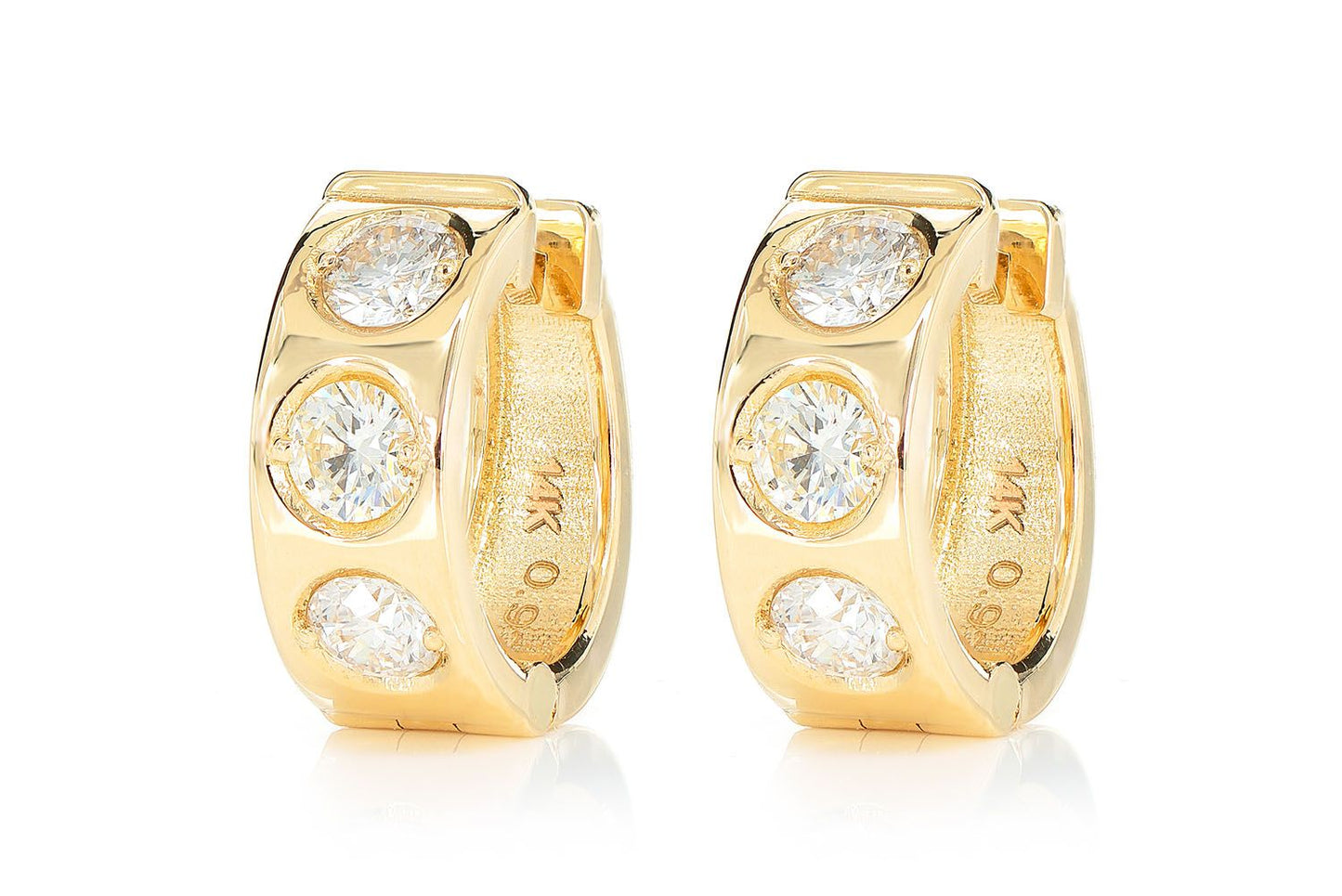 THREE STONE GYPSY SET DIAMOND HUGGIE HOOP EARRINGS 14K SOLID GOLD 0.95CTW