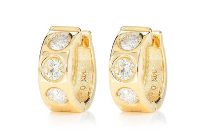 THREE STONE GYPSY SET DIAMOND HUGGIE HOOP EARRINGS 14K SOLID GOLD 0.95CTW