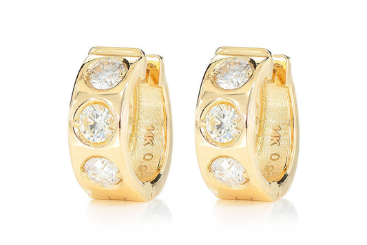 THREE STONE GYPSY SET DIAMOND HUGGIE HOOP EARRINGS 14K SOLID GOLD 0.95CTW