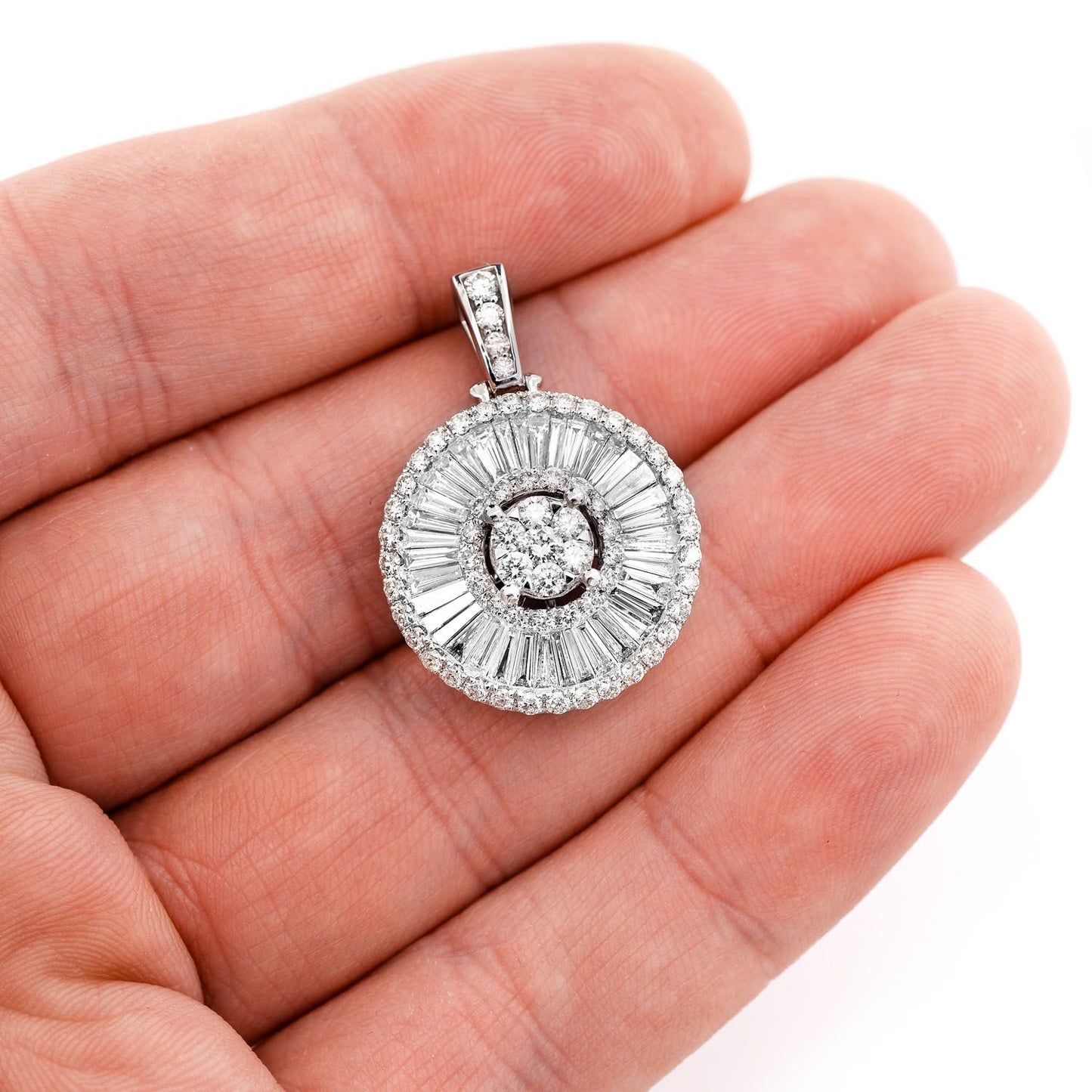ROUND AND BAGUETTE CLUSTER HALO PENDANT 14K SOLID GOLD 2.95CTW