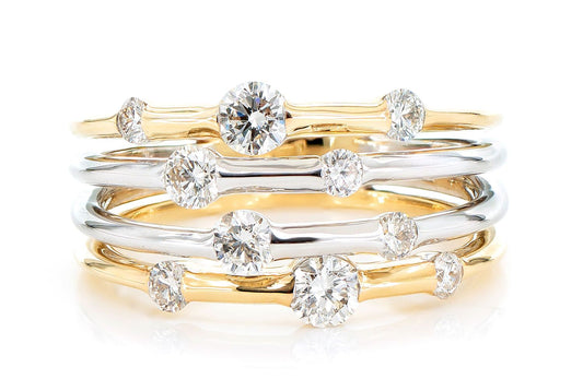 Inel cu patru rânduri de diamante împrăștiate în stil Gypsy, aur masiv de 14K, 0,90 ct