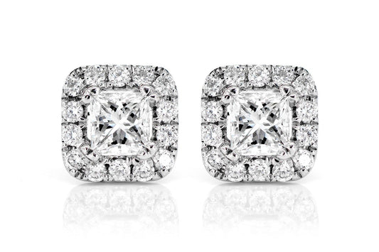 PRINCESS CUT HALO DIAMOND STUD EARRINGS 14K SOLID GOLD 0.65CTW