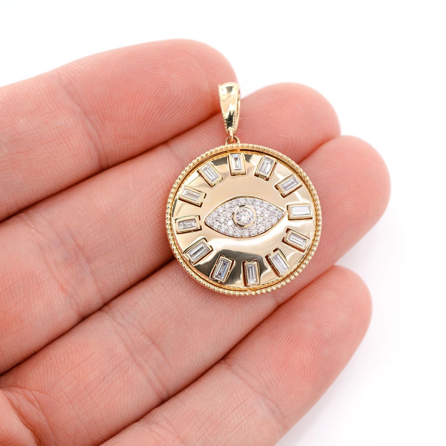 EVIN EYE BAGUETTE DIAMOND MEDALLION PENDANT 14K SOLID GOLD 0.80CTW