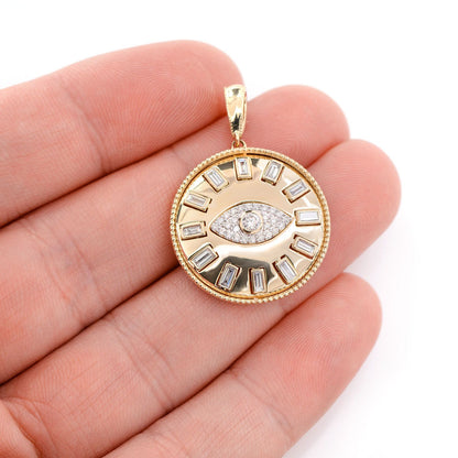 EVIN EYE BAGUETTE DIAMOND MEDALLION PENDANT 14K SOLID GOLD 0.80CTW