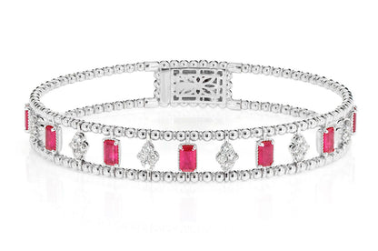 RUBY AND DIAMOND CLUSTER STONE BEADED BANGLE BRACELET 14K SOLID GOLD 2.70CTW