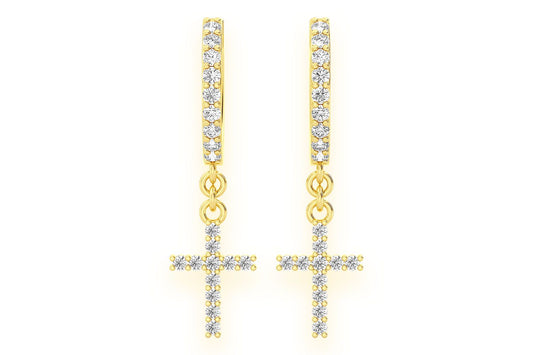 CROSS DANGLING HOOP DIAMOND EARRINGS 14K SOLID GOLD 0.20CTW