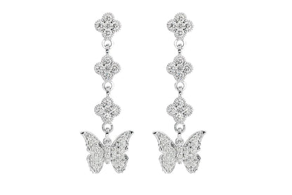 BUTTERFLY CLOVER DIAMOND DANGLING EARRINGS 14K SOLID GOLD 1.25CTW
