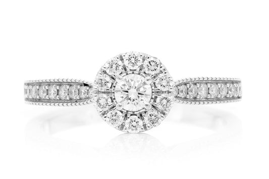 ROUND HALO ONE ROW DIAMOND RING 14K SOLID GOLD 0.50CTW