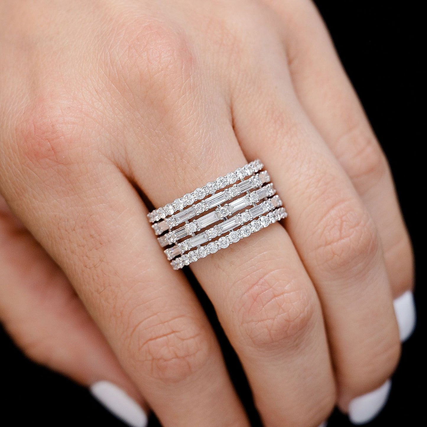 FIVE ROW BAGUETTE AND ROUND DIAMOND BAND RING 14K SOLID GOLD 2.30CTW