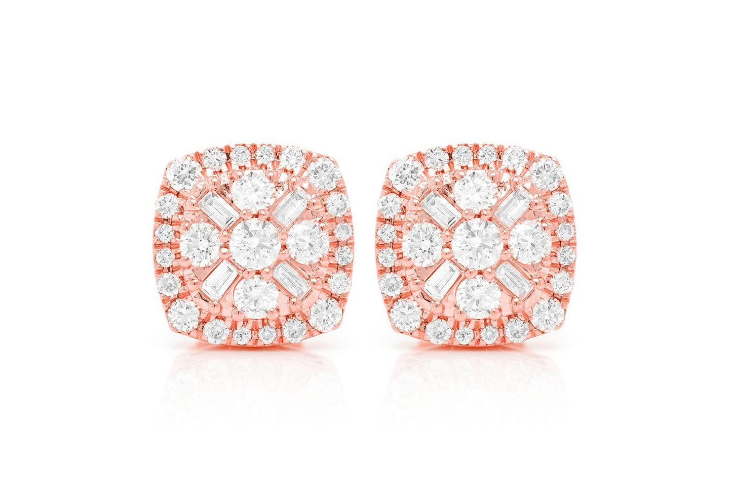 BAGUETTE FLOWER STUD DIAMOND EARRINGS 14K SOLID GOLD 1.00CTW