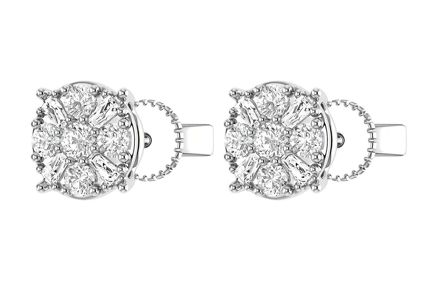 BAGUETTE ROUND CLUSTER STUD EARRINGS 14K
