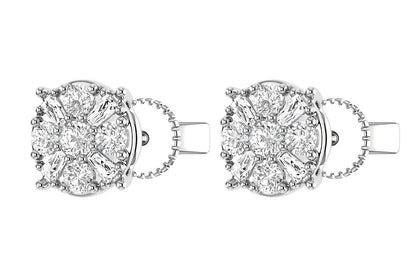 BAGUETTE ROUND CLUSTER STUD EARRINGS 14K
