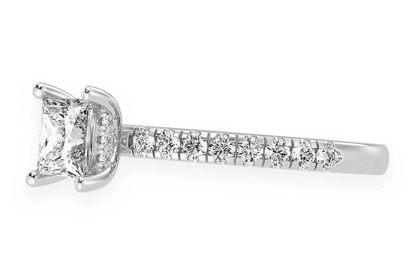THINN - 0.75CT PRINCESS SOLITAIRE - ONE ROW UNDER HALO - DIAMOND ENGAGEMENT RING