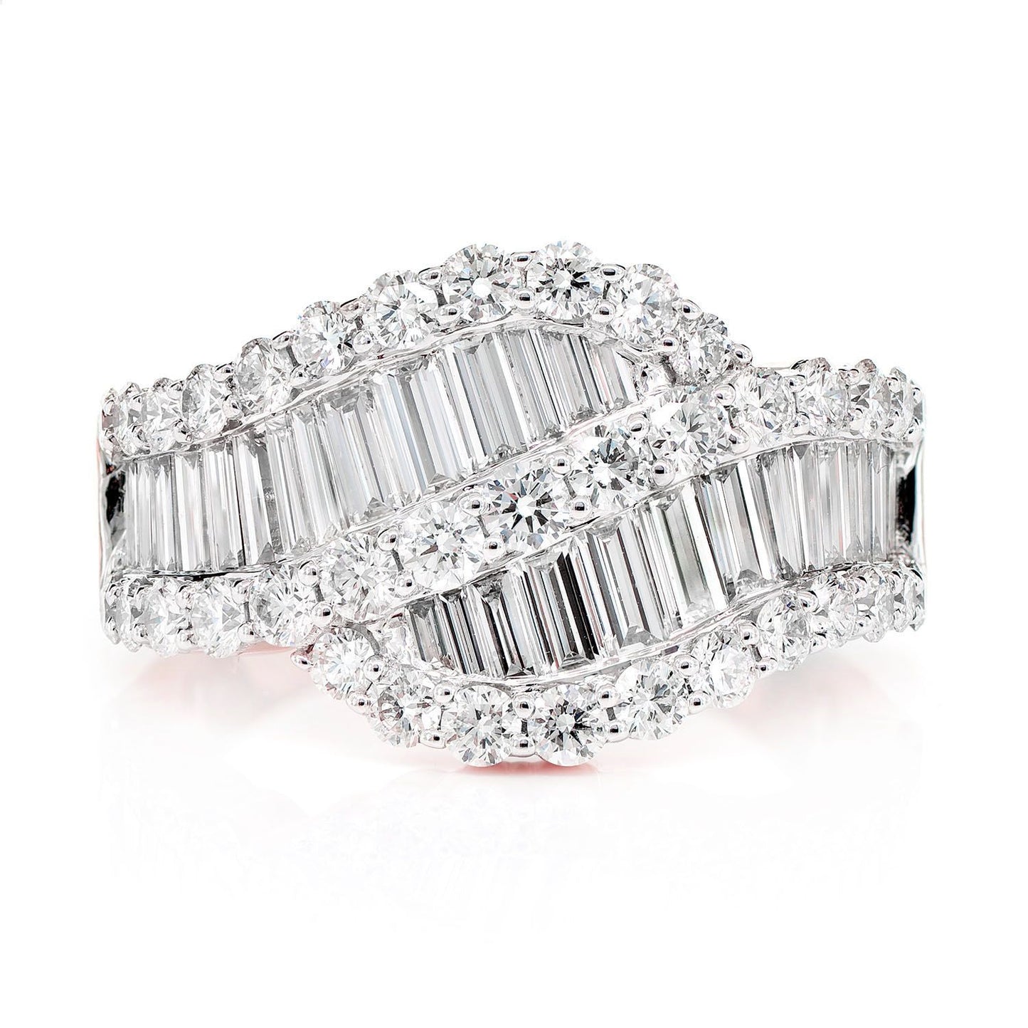 BAGUETTE AND ROUND DIAMOND WAVE RING 14K SOLID GOLD 2.75CTW