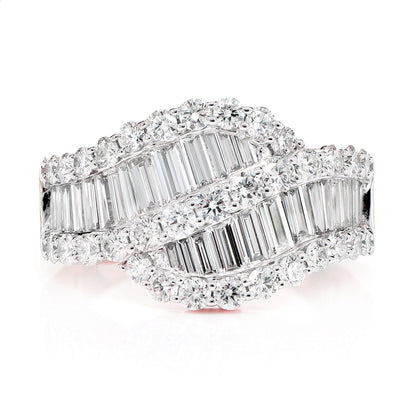 BAGUETTE AND ROUND DIAMOND WAVE RING 14K SOLID GOLD 2.75CTW