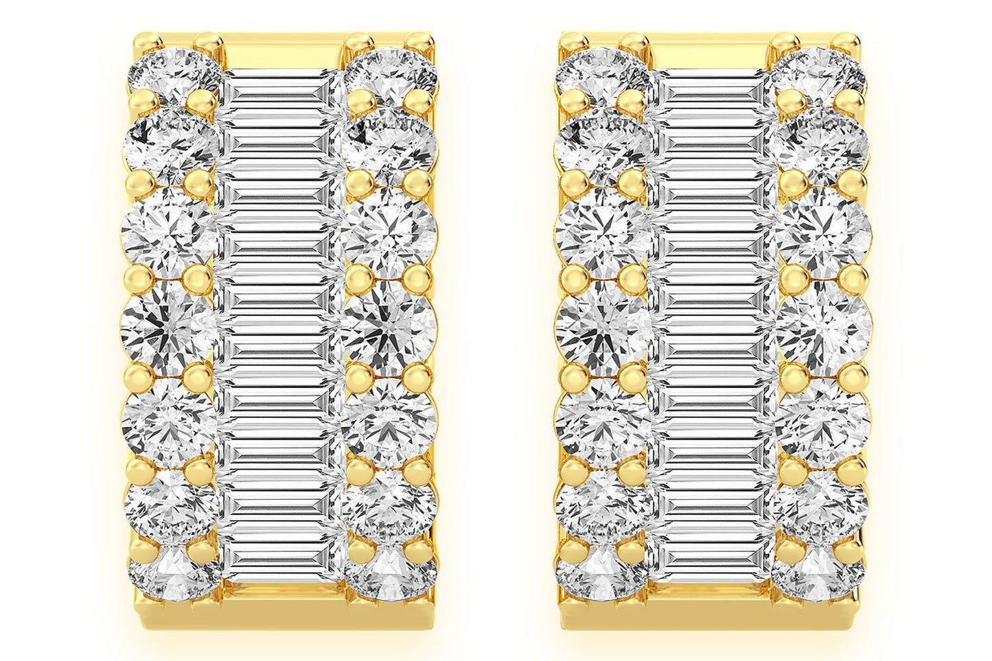 BAGUETTE & ROUND HOOP DIAMOND EARRINGS 14K SOLID GOLD 2.00CTW