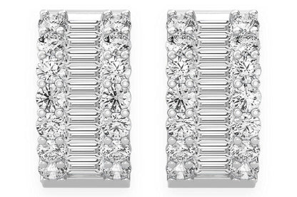 BAGUETTE & ROUND HOOP DIAMOND EARRINGS 14K SOLID GOLD 2.00CTW