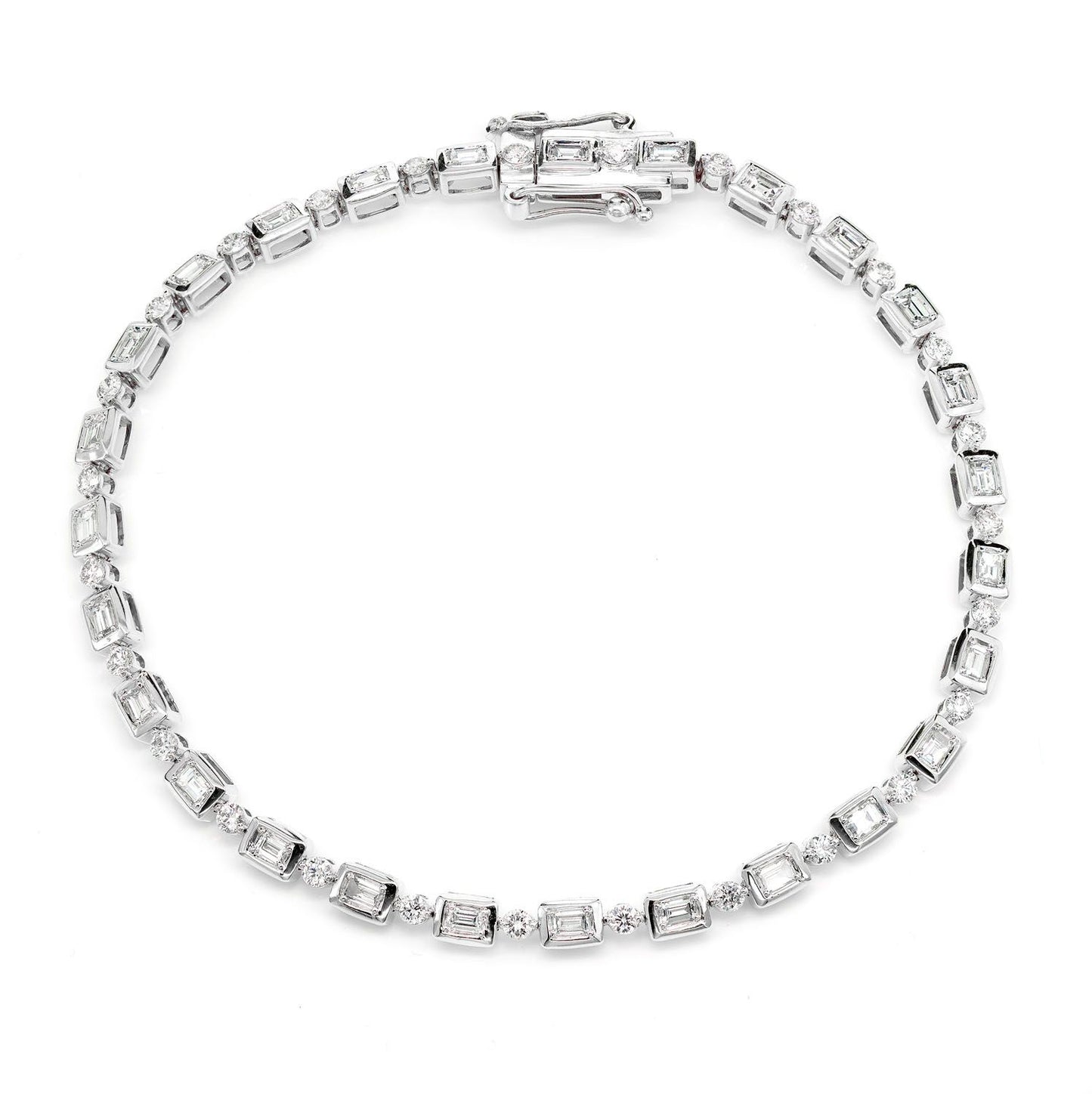 DIAMOND BAGUETTE AND ROUND BEZEL ALTERNATING LINK BRACELET 14K SOLID GOLD 1.20CTW