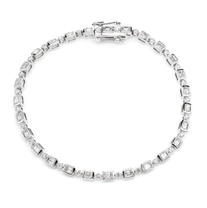 DIAMOND BAGUETTE AND ROUND BEZEL ALTERNATING LINK BRACELET 14K SOLID GOLD 1.20CTW
