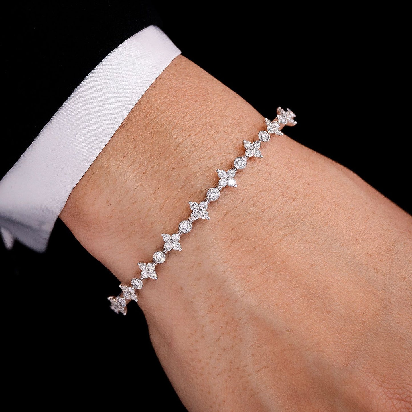 BEADED FOUR PETAL FLEX BANGLE BRACELET 14K SOLID GOLD 1.75CTW