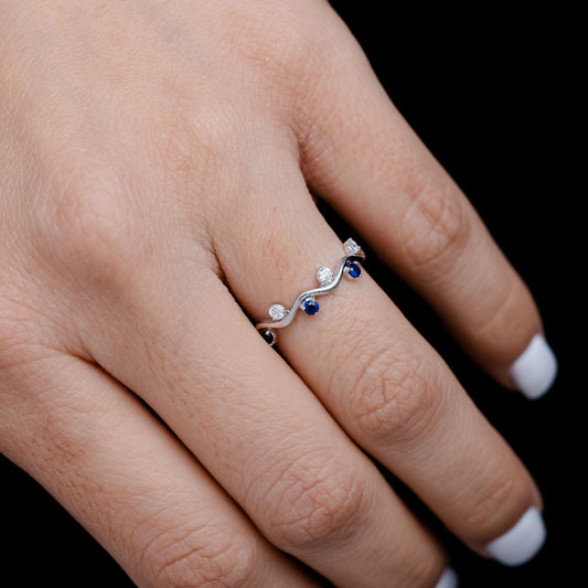 BLUE SAPPHIRE AND DIAMOND SIX STONE VINE RING 14K SOLID 0.25CTW