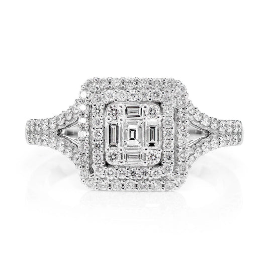 DOUBLE HALO SPLIT SHANK DIAMOND RING 14K SOLID GOLD 0.75CTW